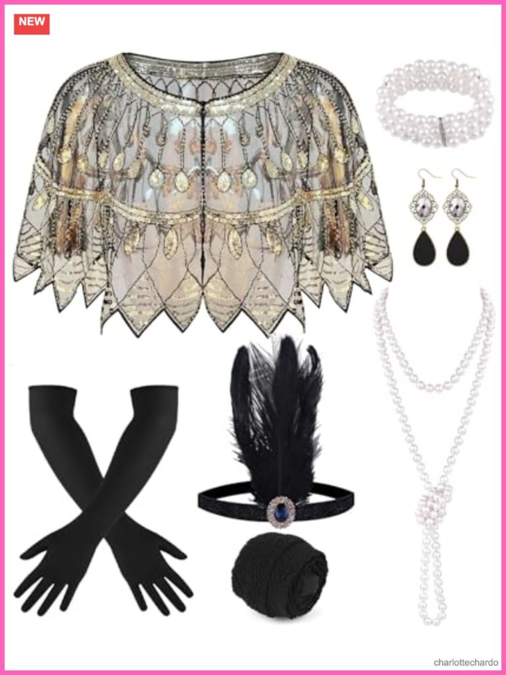 1920s Flapper Accessories Set Sequin Shawl Lace Gloves Pearl Jewelry